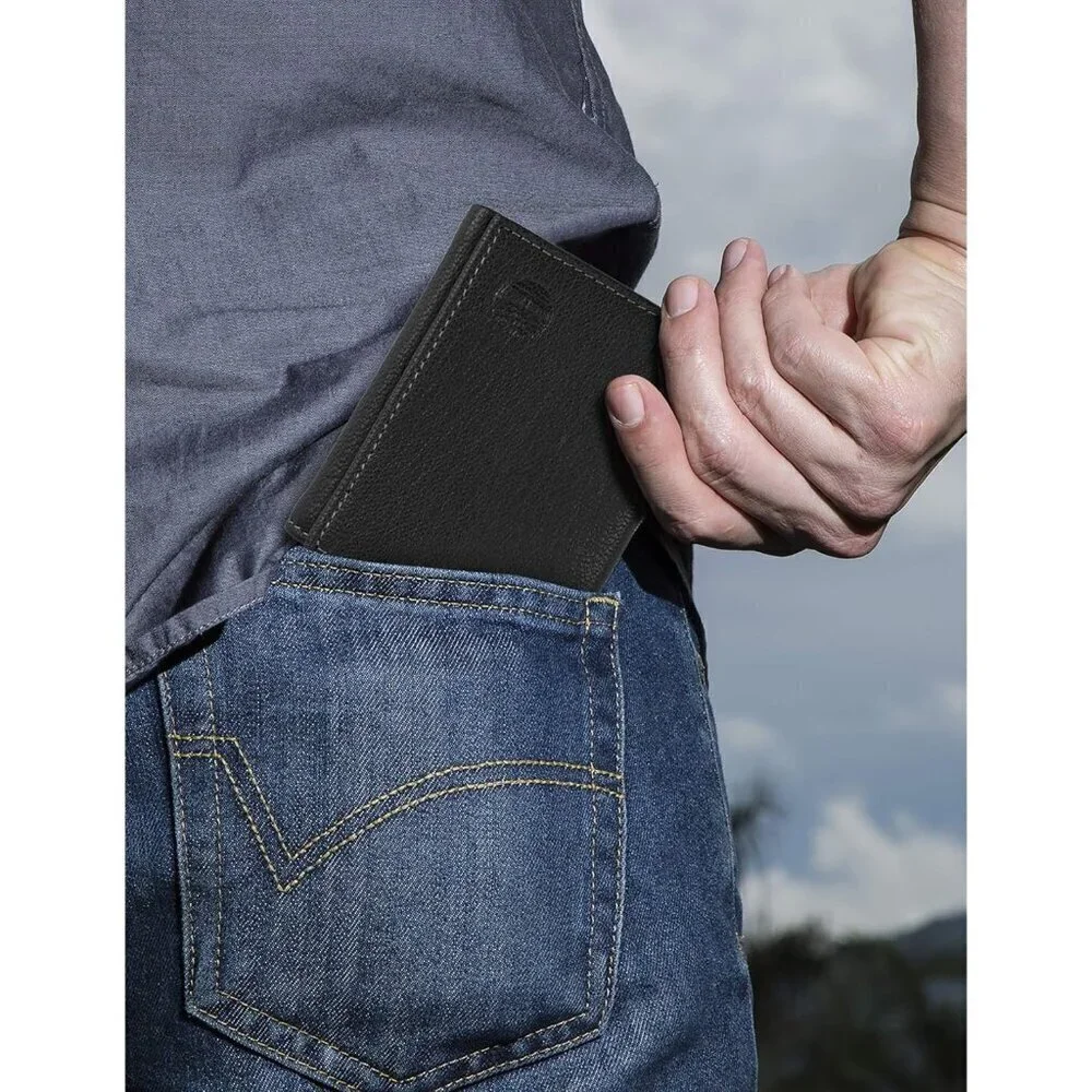 🆕Men Black Genuine Leather Rfid Blocking Trifold Wallet, Black, One Size